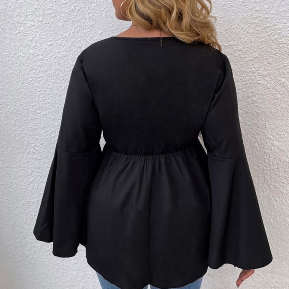 Plus Black Bell Sleeve Surplice Peplum Top - Picture 2 of 3
